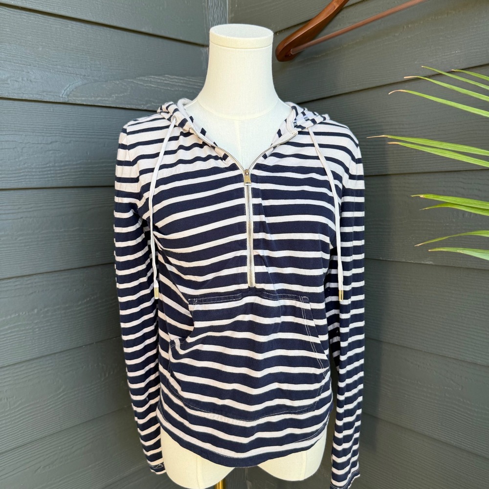 Ralph Lauren LRL Striped Hooded Quarter Zip Pullover Top Women M
